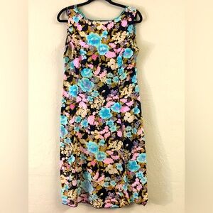 Vintage Flair Of Miami Floral Dress 14 Blue 100% Cotton Sleeveless 60’s 70’s